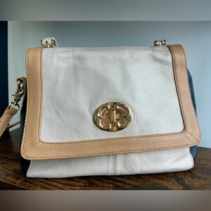 Emma Fox Leather Colorblock Satchel Cream Tan Black Gold Hardware Crossbody